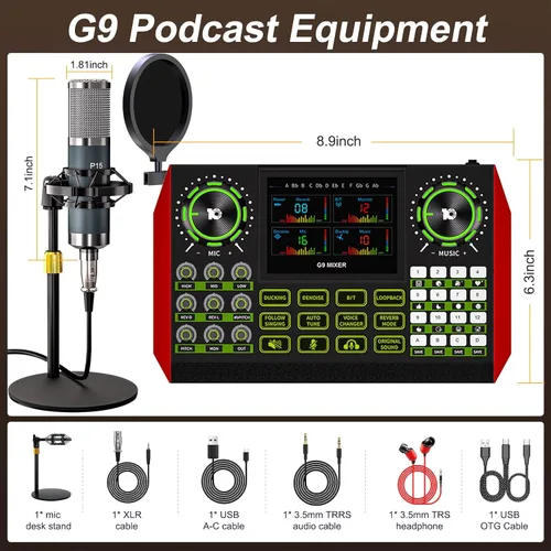 Miniatura 2 de Paquete de equipo de podcast G9 con mezclador de audio para canto en streaming, kit de micrófono de condensador de 0.138 in, cambiador de voz, Azul