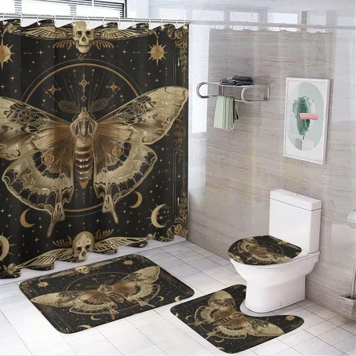Miniatura 10 de Juego de 4 cortinas de ducha retro de estrella y luna, decoración de baño, cortina de ducha gótica de Halloween, mariposa aterradora con alfombra