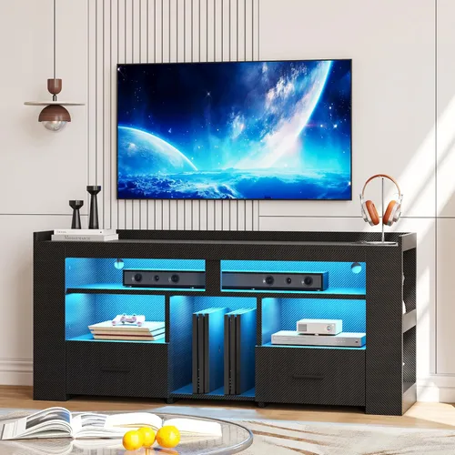 Miniatura 2 de IRONCK Soporte de TV para TV de 65 pulgadas, centro de entretenimiento de fibra de carbono con 2 cajones, estación de carga y luz LED RGB, consola