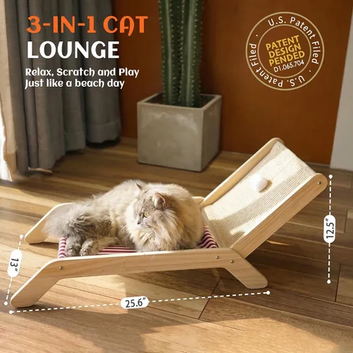 Miniatura 3 de PETKARAY Silla de playa para gatos, camas elevadas para gatos de interior, tumbona acogedora original con rascador de sisal y pelota de juguete Rojo