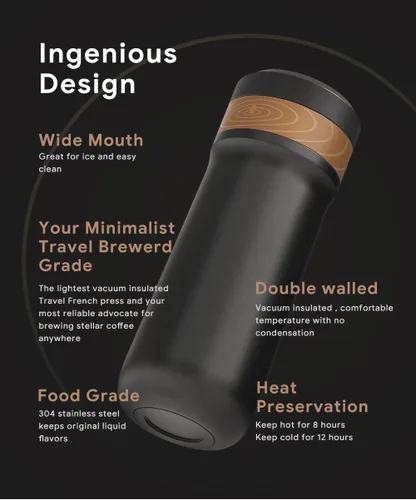 Miniatura 9 de Cafetera portátil de prensa francesa, cafetera francesa de viaje, taza de café de acero inoxidable de 12 onzas, filtro de doble malla, ideal