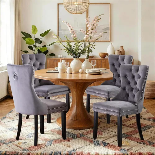 Miniatura 84 de SoarFlash Juego de 2 sillas de comedor de tela de lino, sillas de comedor tapizadas con ribete de cabeza de clavo y patas de madera de color claro