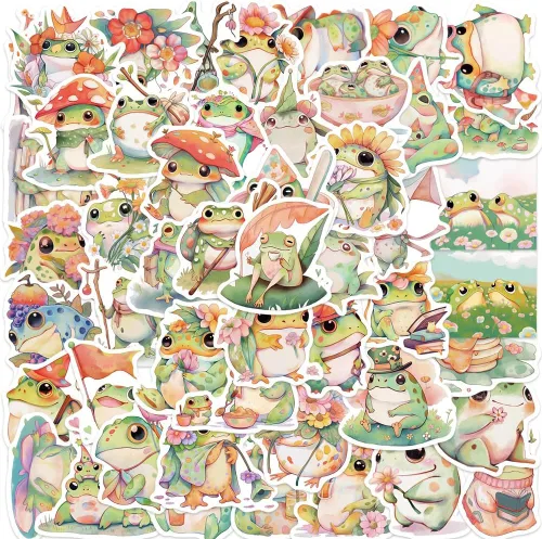 50 PIEZAS Pegatinas de Ranas de Dibujos Animados Lindas Pegatinas de Animales Verdes para Diario, Laptop, Álbum de Recortes, Botellas de Agua,