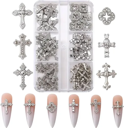 Miniatura 13 de Dijes de cruz 3D, 60 piezas de decoración de uñas de cruz de cristal dorado y plateado para arte de uñas, dijes de cruz de diamantes de imitación