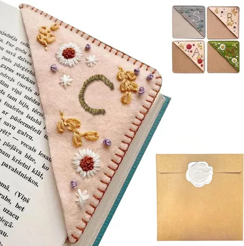 Miniatura 25 de Marcapáginas de esquina bordado a mano personalizado, 26 letras con costura a mano de fieltro, marcapáginas de esquina con bordado de flores lindo