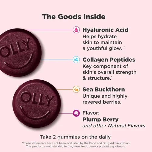 Miniatura 2 de OLLY Gomitas para Piel Radiante, Piel Hidratada y Juvenil,* Ácido Hialurónico, Péptidos de Colágeno, Espino Amarillo, Sabor Plump Berry, Suministro