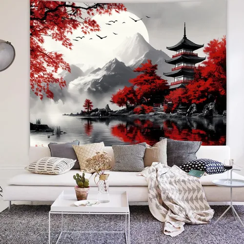 Miniatura 4 de Yookeb Tapiz Japonés de Montaña en Negro y Rojo 51 x 51 Pulgadas para Colgar en la Pared, Decoración de Anime de Asia, Paisaje de Bosque