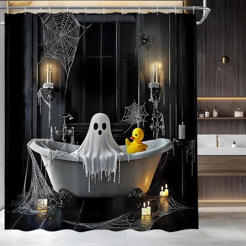 Miniatura 3 de Cortina de ducha de fantasma de Halloween, bañera de terror espeluznante, ventana gótica, telaraña, noche aterradora, decoración de baño, cortina