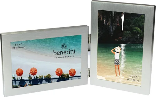 benerini Marco de fotos plegable doble de aluminio cepillado de color plateado satinado para 2 fotos, incluye 2 fotografías estándar de 6 x 4