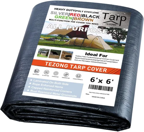 Miniatura 69 de Lonas resistentes impermeables de 4 x 5 pies, paquete de 2 lonas TEZONG negras de 0.472 in. de lona de plástico para exteriores para lluvia
