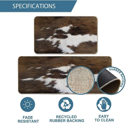 Miniatura 2 de TOMWISH Alfombra con estampado de vaca, tapete de cocina de piel de vacuno para piso, 2 piezas, diseño de vaca occidental, antideslizante