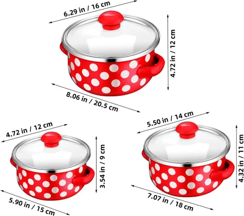 Miniatura 4 de Juego de 3 mini ollas de cocina esmaltadas con asas dobles y tapas, parte inferior plana para calefacción uniforme para sopas, salsas, guisos, uso