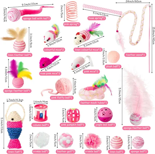 Miniatura 5 de MALLMALL6 Juego de juguetes interactivos para gatos, paquete de 27 piezas, paquete de 27 piezas, plumas rosadas, varita, resortes, ratones, sisal