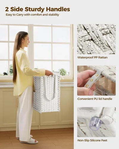 Miniatura 39 de GREENSTELL Cesta para ropa sucia con ruedas y tapa, 130 L, cesta grande de 3 secciones con 2 tipos de bolsas de forro extraíbles, 5 bolsas de malla