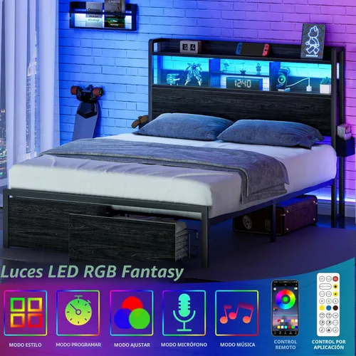 Miniatura 5 de Furnulem Base de cama Queen con cabecera de madera y estante de almacenamiento, marco de cama de plataforma de metal tamaño Queen con cajones