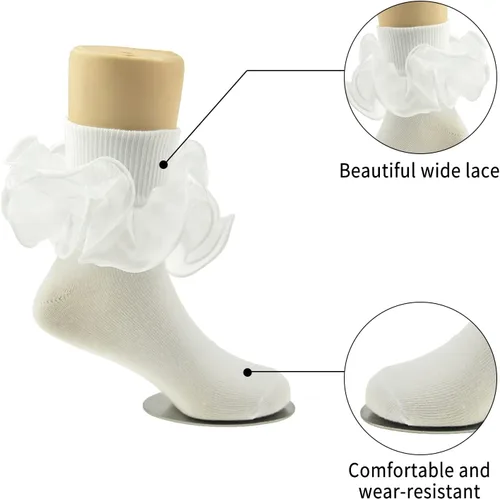 Miniatura 3 de Calcetines de doble volantes para niñas pequeñas, con ribete de encaje, con detalles de encaje, tutú, para niñas pequeñas y grandes