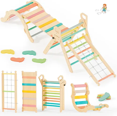 BlueWood Juego de Triángulo Pikler 10 en 1, Juguetes de Escalada para Niños Pequeños de Interior, Escalador Montessori, Gimnasios de Selva para