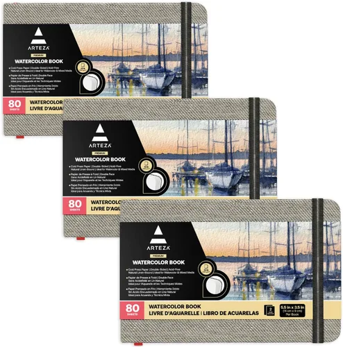 ARTEZA Cuaderno de acuarela, paquete de 3, 80 páginas cada uno, cuaderno de acuarela de 3.5 x 5.5 pulgadas, papel de acuarela de 110 libras/8.11