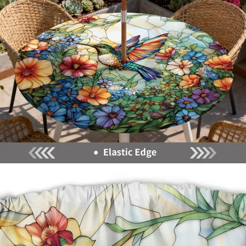 Miniatura 5 de Mantel para exteriores con agujero para sombrilla y cremallera, impermeable, redondo, ajustable con borde elástico, mantel lavable para mesa al aire