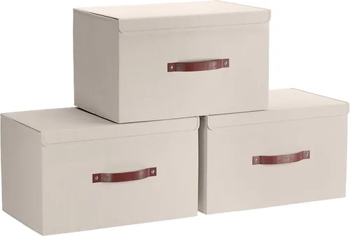 Miniatura 8 de Ornavo Home Paquete de 3 contenedores de almacenamiento plegables con tapa, cesta de almacenamiento plegable de tela de lino, organizador de armario