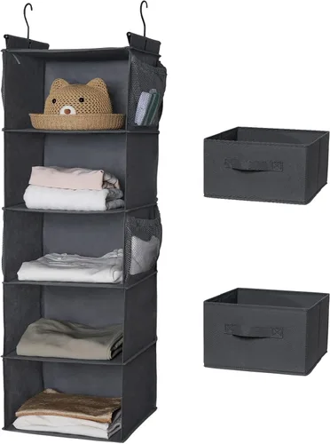 Miniatura 8 de MAX Houser Organizador colgante de armario de 5 niveles, estante colgante de tela con 2 ganchos resistentes para almacenamiento, plegable (gris-D2)