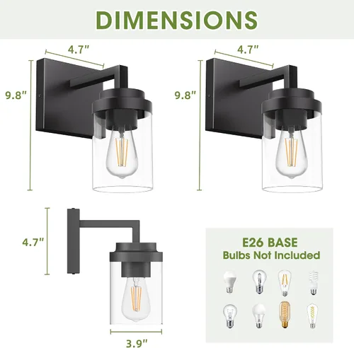 Miniatura 2 de Juego de 2 apliques de pared negros mate, con pantalla de cristal transparente, lámpara de montaje en pared para dormitorio, espejo y sala de estar