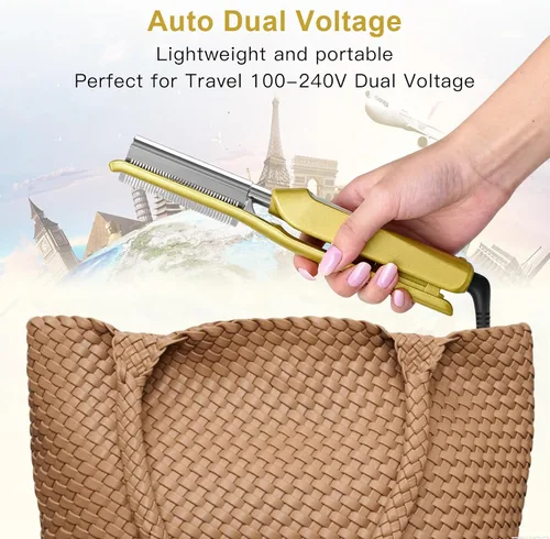 Miniatura 6 de Peine caliente de titanio en forma de V para pelucas y cabello negro natural, peine de presión de doble voltaje 100240V con 3 ajustes de calor