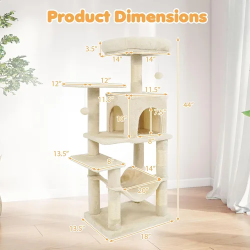Miniatura 4 de Tangkula Torre de árbol para gatos, torre para gatos de varios niveles de 44 pulgadas con postes rascadores de sisal, condominio de 2 puertas
