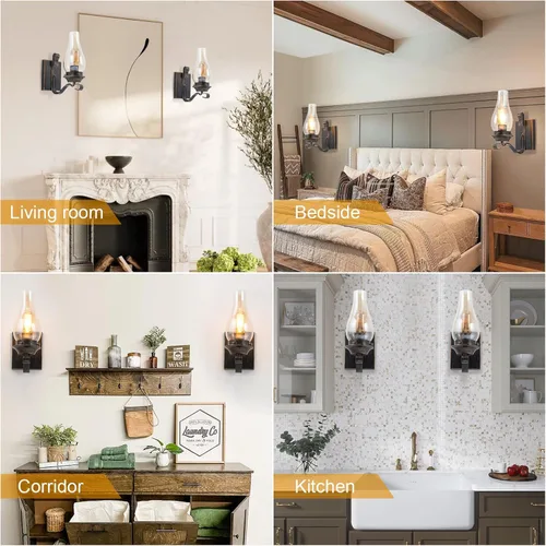 Miniatura 8 de Yisuro Juego de 2 apliques de pared, apliques de pared de bronce aceitado para interiores, lámparas de pared rústicas retro con vidrio ámbar, Bronce