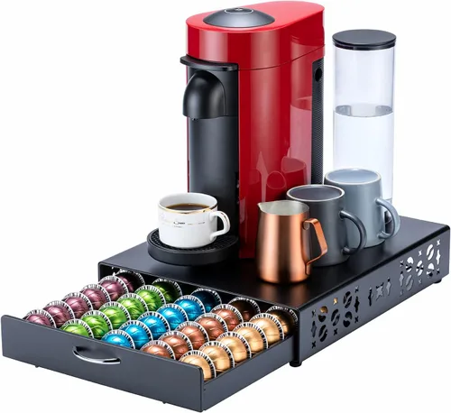 FlagShip Soporte para cápsulas Nespresso, organizador de cápsulas Vertuo, diseño de barra de café y soporte para cafetera, metal negro (capacidad de