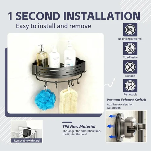 Miniatura 4 de Organizador de ducha esquinero de aluminio inoxidable, estante triangular a presión para instalar con ganchos, organizador de ducha de baño