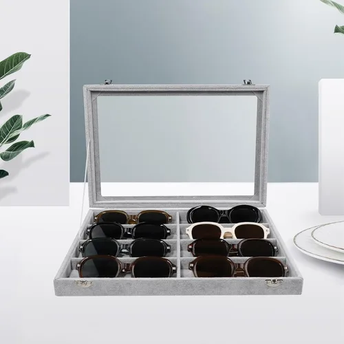 Miniatura 5 de Wudygirl Organizador de joyas, organizador de lentes de sol, bandeja de terciopelo con 8 ranuras, estuche para lentes de sol con tapa, estuche