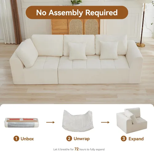 Miniatura 7 de Sofás seccionales modulares de 110 pulgadas para sala de estar, sofá seccional comprimido sin hueso, sofá de espuma viscoelástica tapizado de 3 Beige