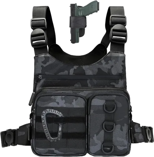 Miniatura 10 de Criuage Bolsa de pecho al aire libre para hombres, chaleco ligero y ajustable, resistente al agua, paquete de pecho EDC con bolsillo para botella