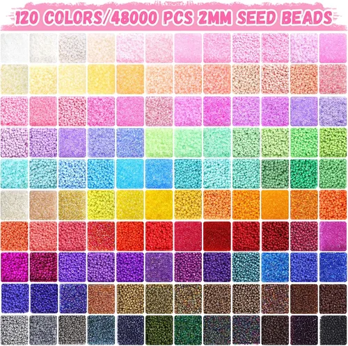 Miniatura 2 de Funtopia 120 Colores Cuentas de Semillas de 2 mm para Hacer Joyas, 49000 Piezas de Cuentas de Vidrio Pequeñas para Pulseras, Kit de Pulseras