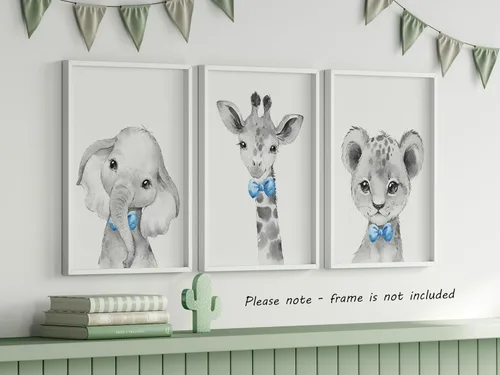 Miniatura 6 de Safari Animals - Juego de 3 impresiones artísticas de pared sin marco, carteles de animales grises con pajarita azul, elefante jirafa león, póster