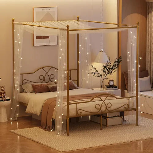 Miniatura 7 de Weehom - Estructura de cama con dosel individual, con cabecero y pie de cama, cortinas de cuatro postes de metal, diseño de plataforma de cama
