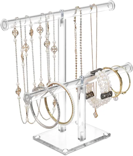 MOOCA Organizador de joyas de acrílico transparente de lujo, soporte de pulsera de barra en T de 2 niveles, soporte de collar acrílico, soporte para