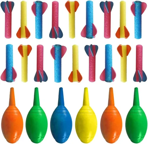 ArtCreativity Lanzadores de cohetes de espuma, 18 cohetes y 6 lanzadores de presión, varios colores, alto vuelo, diversión de verano al aire libre,