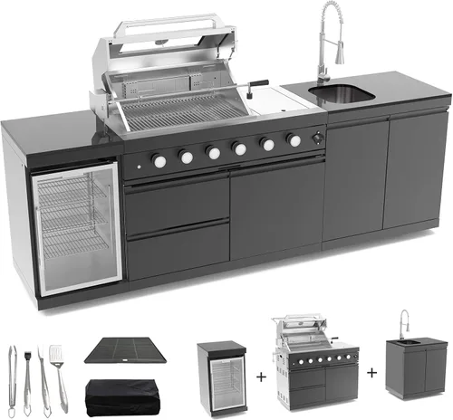 Miniatura 10 de Isla de cocina al aire libre de 153 pulgadas, combinación de parrilla de gas propano de 96000 BTU con refrigerador y fregadero, gabinete de cajón