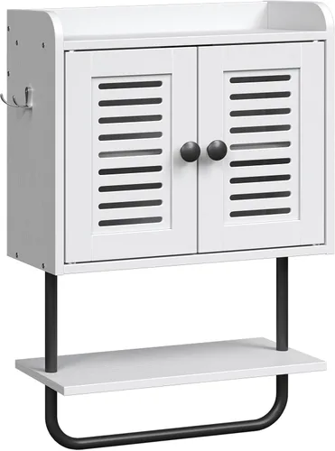 Miniatura 9 de HOOBRO Botiquín de baño, gabinete de pared para baño de doble puerta con toallero, estante ajustable, 2 ganchos, gabinete de almacenamiento sobre