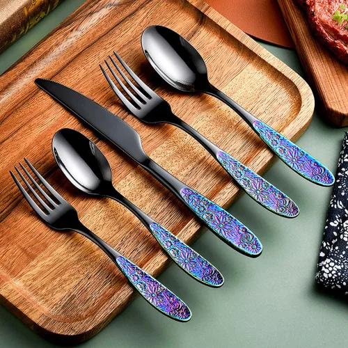 Juego de cubiertos negros con decoración tallada de flores, juego de cubiertos de acero inoxidable de 30 piezas para 6 bodas, restaurante, cocina,
