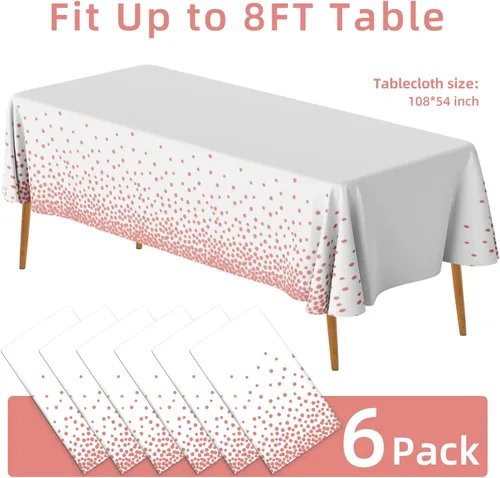 Miniatura 2 de AIRE Paquete de 6 manteles de plástico color blanco y oro rosa para mesas rectangulares, manteles desechables de fiesta, fundas de mesa de confeti