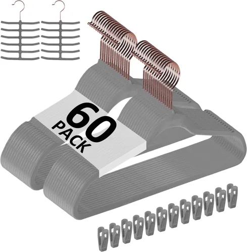 Miniatura 23 de VECELO Perchas de terciopelo de alta calidad resistentes (paquete de 60), antideslizantes y ahorran espacio con 8 clips para los dedos y soporte