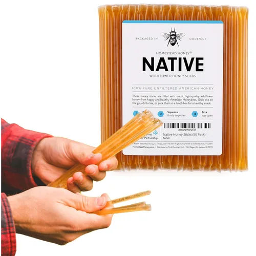 Homestead Honey Paquete de 50 palitos de miel, paquetes de miel dulce pura de flores silvestres para té y aperitivos, pajitas edulcorantes naturales