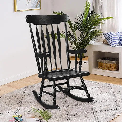 Miniatura 4 de Tangkula Silla mecedora de patio de madera de goma sólida, silla mecedora de porche exterior con marco de madera de goma, silla mecedora de madera