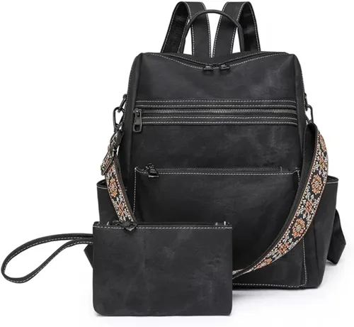 Mochila para mujer, mochila impermeable de piel sintética, ligera, a la moda, multiusos, convertible, mochila de viaje, bolso de hombro, color negro