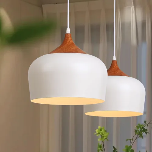 Miniatura 9 de SUNLLOK Lámpara colgante blanca moderna, con patrón de madera, cúpula minimalista hacia abajo, lámpara colgante de techo, lámpara industrial