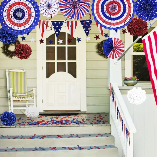 Miniatura 4 de Juego de decoraciones patrióticas del 4 de julio: suministros de fiesta con la bandera estadounidense del 4 de julio, abanicos de papel rojo, blanco