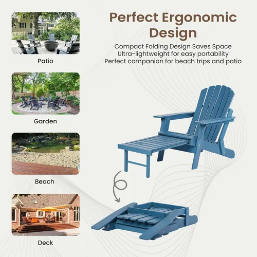 Miniatura 6 de Silla Adirondack plegable de gran tamaño con otomana retráctil, silla de madera maciza para exteriores, patio, jardín, porche, resistente a